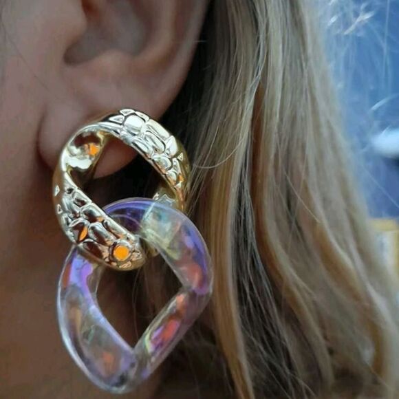 Gold Statement Hoop Earrings Chunky Clear Resin Chain Link Oversized 💖 - Picture 7 of 12